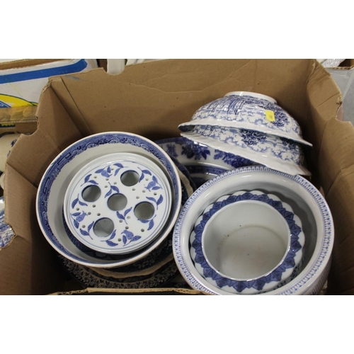 162 - FIVE BOXES OF ASSORTED BLUE AND WHITE CHINA AND CERAMICS TO  INCLUDE MASONS EXAMPLES