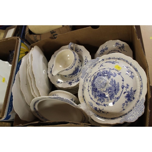 162 - FIVE BOXES OF ASSORTED BLUE AND WHITE CHINA AND CERAMICS TO  INCLUDE MASONS EXAMPLES