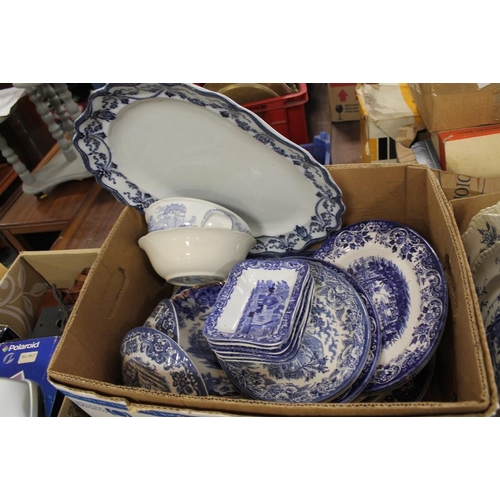 162 - FIVE BOXES OF ASSORTED BLUE AND WHITE CHINA AND CERAMICS TO  INCLUDE MASONS EXAMPLES