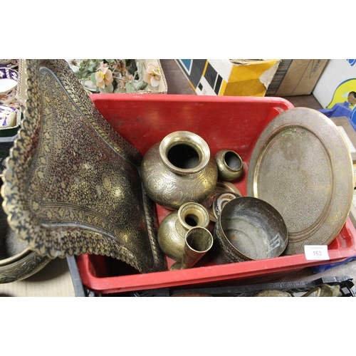 163 - FOUR TRAYS OF EASTERN BRASSWARE AND OTHER METALWARE TO INCLUDE A COPPER POURER