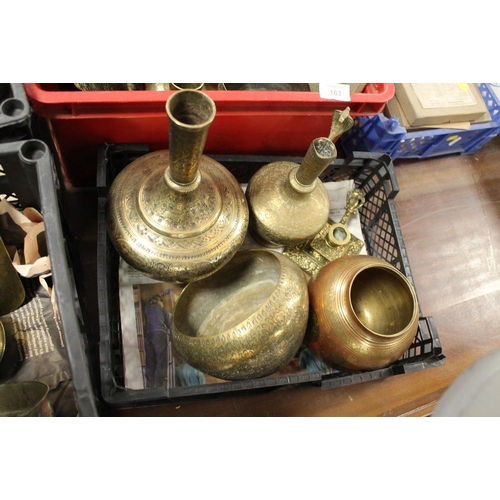 163 - FOUR TRAYS OF EASTERN BRASSWARE AND OTHER METALWARE TO INCLUDE A COPPER POURER