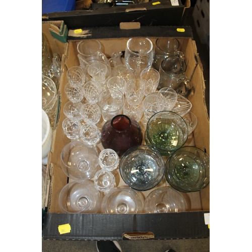 173 - TWO TRAYS OF ASSORTED GLASSWARE TO INCLUDE CUT GLASS DRINKING GLASSES, SODA SYPHON ETC.