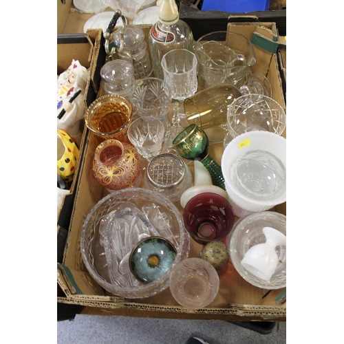 173 - TWO TRAYS OF ASSORTED GLASSWARE TO INCLUDE CUT GLASS DRINKING GLASSES, SODA SYPHON ETC.