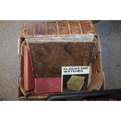 182 - TWO BOXES OF ASSORTED VINTAGE AND MODERN BOOKS TO INCLUDE AN ANTIQUE LEATHER BOUND HOLY BIBLE A/F, A... 