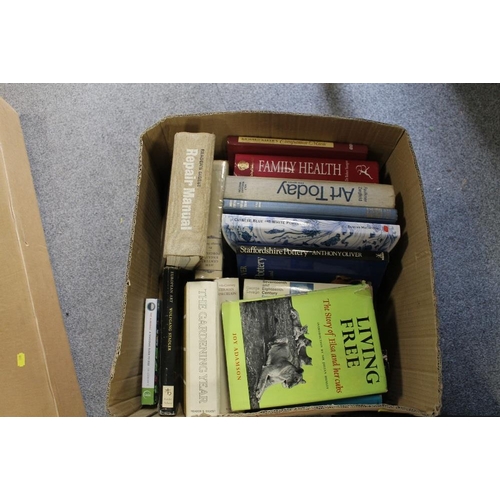 182 - TWO BOXES OF ASSORTED VINTAGE AND MODERN BOOKS TO INCLUDE AN ANTIQUE LEATHER BOUND HOLY BIBLE A/F, A... 