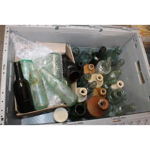 187 - A LARGE BOX OF VINTAGE GLASS AND STONEWARE BOTTLES