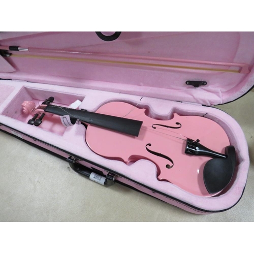 251 - A MODERN PINK VIOLIN WITH BOW AND PINK CARRY CASE