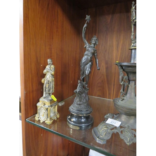 271 - A SMALL COLLECTION OF METALWARE TO INCLUDE A CANDLE CENTREPIECE TOGETHER WITH SPELTER STYLE FIGURES ... 