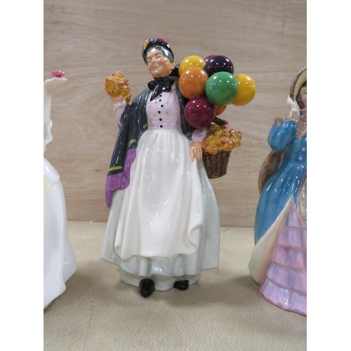 279 - THREE ROYAL DOULTON FIGURES - BIDDY PENNY FARTHING HN1843 (RESTORED HAND) TOGETHER WITH FLOWER OF LO... 