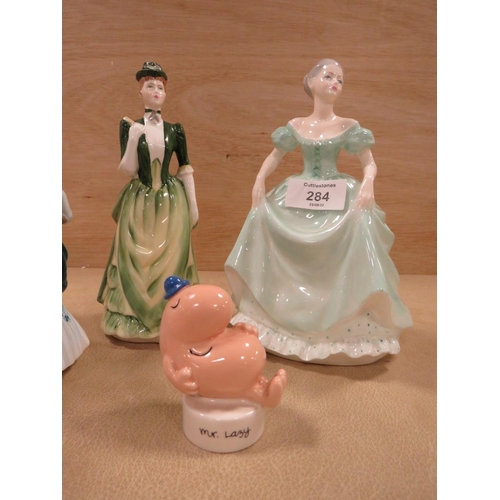 284 - THREE COALPORT FIGURINES - HENRIETTA, ABIGAIL AND VICTORIA TOGETHER WITH A JOHN BESWICK MR MEN MR LA... 