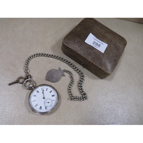 298 - A HALLMARKED SILVER OPEN FACED POCKET WATCH AND CHAIN WITH HALLMARKED SILVER FOB