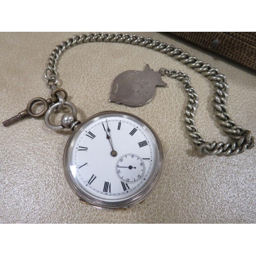 298 - A HALLMARKED SILVER OPEN FACED POCKET WATCH AND CHAIN WITH HALLMARKED SILVER FOB