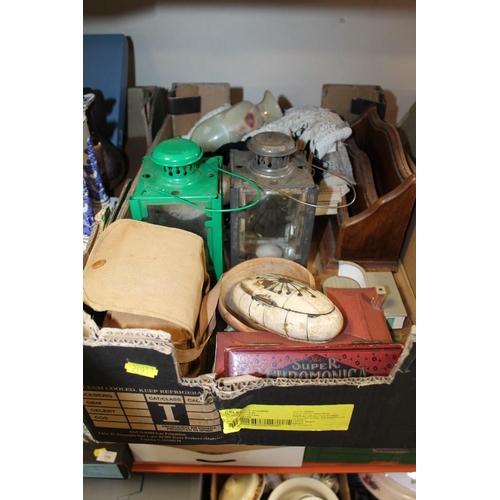 196 - A TRAY OF ASSORTED COLLECTABLES TO INCLUDE CANDLE LANTERNS, SUPER CHROME HARMONICA ETC