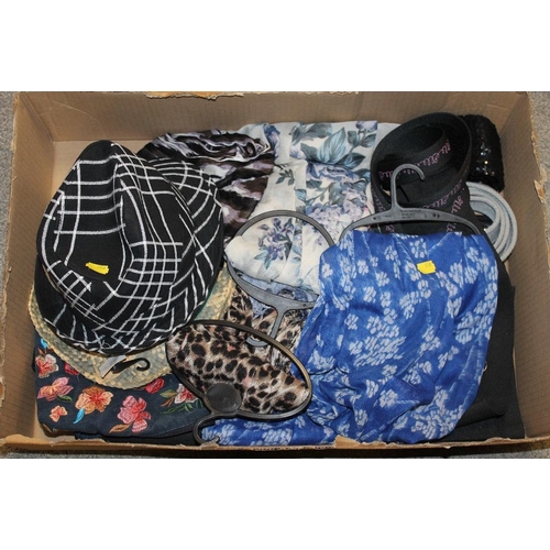 203 - A TRAY OF LADIES CLOTHING ACCESSORIES TO INCLUDE HATS AND SCARVES