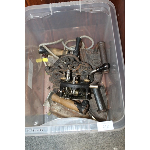 212 - A BOX OF VINTAGE IRONS ETC