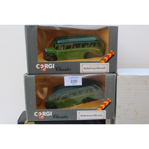 220 - THREE BOXED CORGI DIECAST BUSES TOGETHER WITH TWO SCRATCH BUILT O GAUGE MODEL RAILWAY CARRIAGES