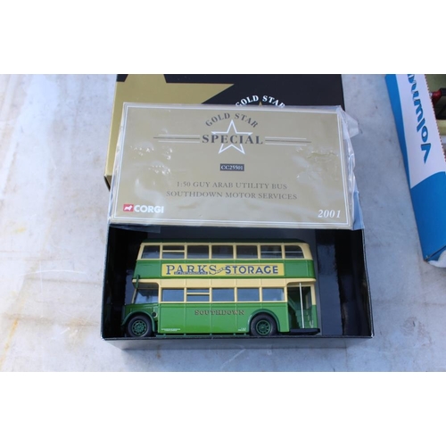 220 - THREE BOXED CORGI DIECAST BUSES TOGETHER WITH TWO SCRATCH BUILT O GAUGE MODEL RAILWAY CARRIAGES