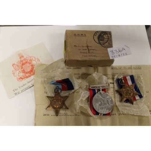 336A - THREE WWII MEDALS IN ORIGINAL BOX WITH PAPERWORK AWARDED TO T/10688964 DVR JONES J.R