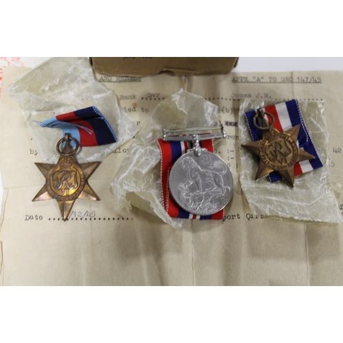 336A - THREE WWII MEDALS IN ORIGINAL BOX WITH PAPERWORK AWARDED TO T/10688964 DVR JONES J.R