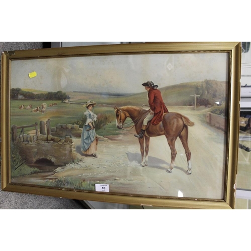 10 - A GILT FRAMED AND GLAZED PEAR'S SOAP PRINT OF A GENTLEMAN ON HORSEBACK SPEAKING TO A LADY IN A COUNT... 