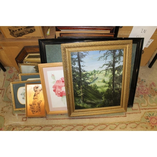 11 - A QUANTITY OF ASSORTED PICTURES AND PRINTS TO INCLUDE A GILT FRAMED OIL ON BOARD OF A COUNTRY SCENE ... 