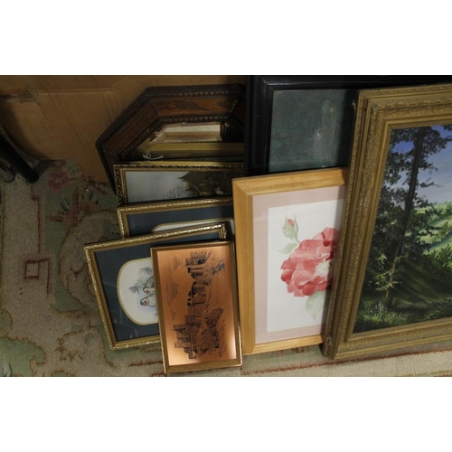 11 - A QUANTITY OF ASSORTED PICTURES AND PRINTS TO INCLUDE A GILT FRAMED OIL ON BOARD OF A COUNTRY SCENE ... 