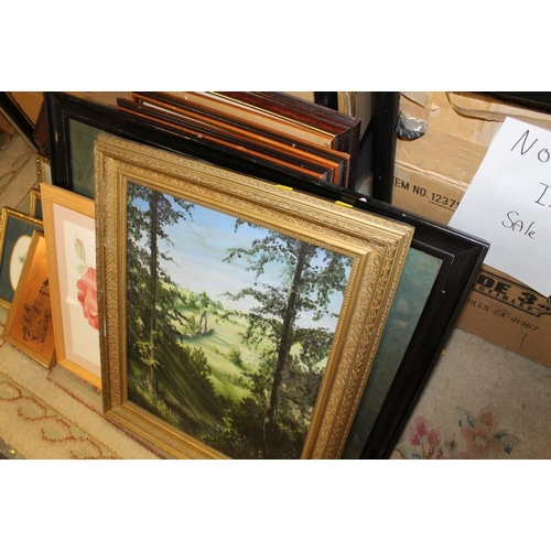 11 - A QUANTITY OF ASSORTED PICTURES AND PRINTS TO INCLUDE A GILT FRAMED OIL ON BOARD OF A COUNTRY SCENE ... 