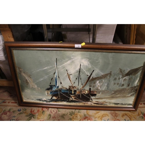 14 - A FRAMED OIL ON BOARD OF A SHIP IN HARBOUR WITH TIDE OUT SIGNED HAWKES