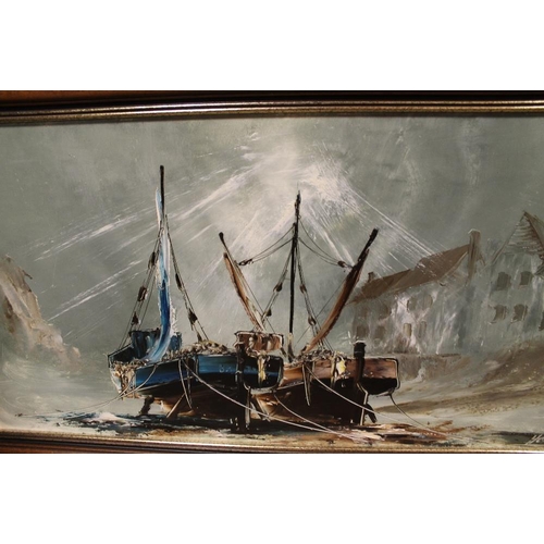 14 - A FRAMED OIL ON BOARD OF A SHIP IN HARBOUR WITH TIDE OUT SIGNED HAWKES