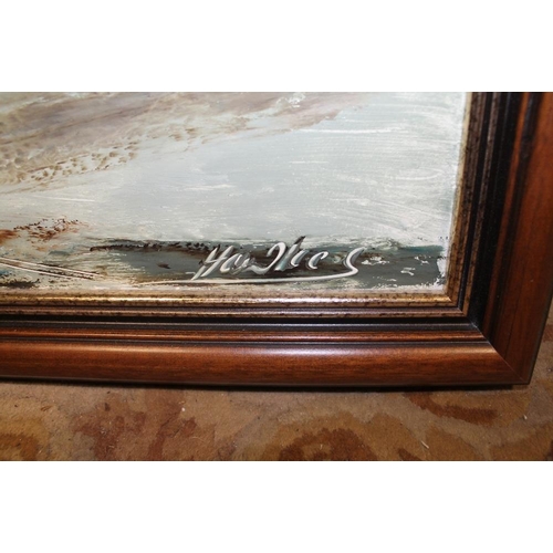 14 - A FRAMED OIL ON BOARD OF A SHIP IN HARBOUR WITH TIDE OUT SIGNED HAWKES