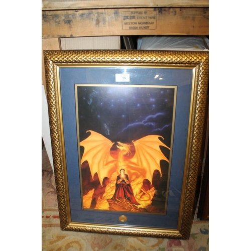 15 - A FRAMED AND GLAZED LIMITED EDITION LITHOGRAPH ENTITLED 'DRAGONFIRE' BY MICHAEL WHELAN FOR THE FRANK... 