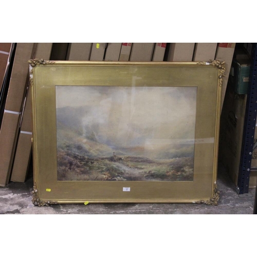 17 - A LARGE GILT FRAMED AND GLAZED WATERCOLOUR OF A MAN AND HIS SHEEP DOG ENTITLED 'ON THE MOORS AT HAWO... 