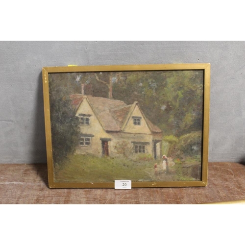 20 - A GILT FRAMED OIL ON BOARD DEPICTING A RUSTIC COTTAGE SCENE WITH FIGURES WITH PORTRAIT STUDY VERSO 2... 