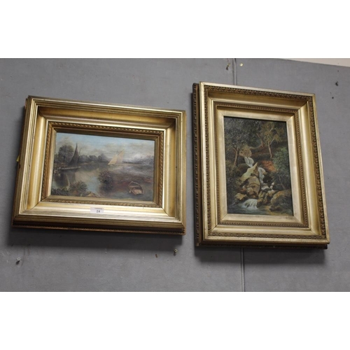 24 - TWO GILT FRAMED OIL ON CANVAS PAINTINGS OF A WATERFALL AND A RIVER SCENE WITH BOATS BOTH SIGNED ALF ... 