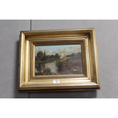 24 - TWO GILT FRAMED OIL ON CANVAS PAINTINGS OF A WATERFALL AND A RIVER SCENE WITH BOATS BOTH SIGNED ALF ... 