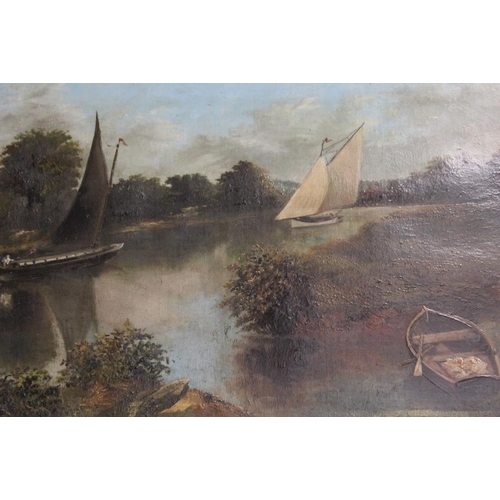 24 - TWO GILT FRAMED OIL ON CANVAS PAINTINGS OF A WATERFALL AND A RIVER SCENE WITH BOATS BOTH SIGNED ALF ... 