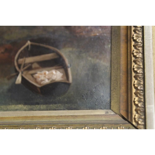 24 - TWO GILT FRAMED OIL ON CANVAS PAINTINGS OF A WATERFALL AND A RIVER SCENE WITH BOATS BOTH SIGNED ALF ... 