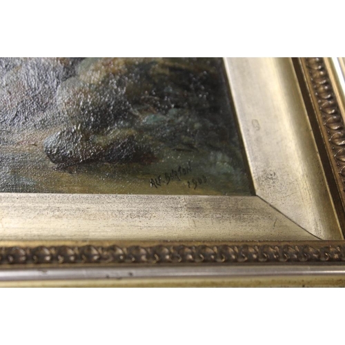 24 - TWO GILT FRAMED OIL ON CANVAS PAINTINGS OF A WATERFALL AND A RIVER SCENE WITH BOATS BOTH SIGNED ALF ... 