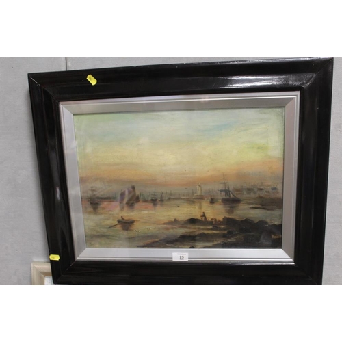 25 - A FRAMED AND GLAZED OIL ON CANVAS FEATURING A SUNSET FISHING SCENE - H 35 CM BY W 49 CM