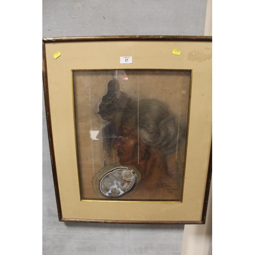 27 - AN UNUSUAL FRAMED AND GLAZED MIXED MEDIA STUDY OF A LADY IN PROFILE AND A MONUMENT WITH INSET GEOLOG... 