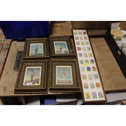 28 - A SET OF FOUR GILT FRAMED AND GLAZED PRINTS OF SOLDIERS TOGETHER WITH A FRAMED AND GLAZED SET OF SIL... 