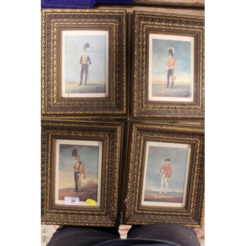 28 - A SET OF FOUR GILT FRAMED AND GLAZED PRINTS OF SOLDIERS TOGETHER WITH A FRAMED AND GLAZED SET OF SIL... 