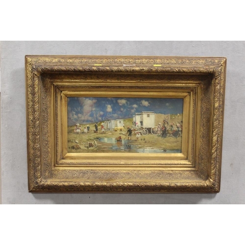 30 - A GILT FRAMED OIL ON BOARD BEACH SCENE WITH FIGURES  BEACH HUT CARTS - H 19 CM BY 39 CM