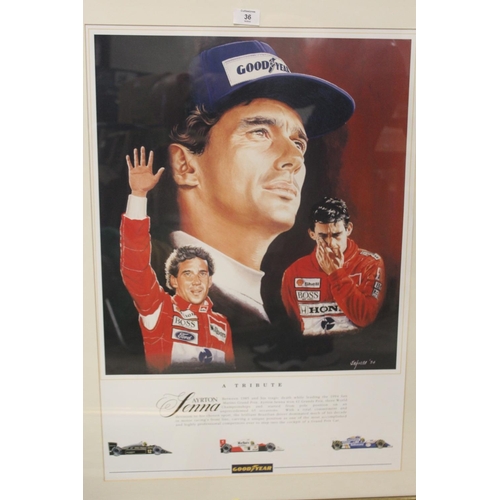 36 - A FRAMED AND GLAZED FORMULA 1 PRINT - A TRIBUTE TO AYRTON SENNA - TOGETHER WITH A FRAMED AND GLAZED ... 