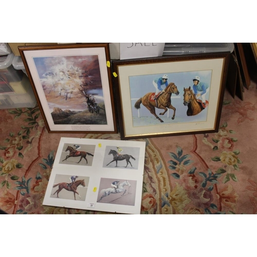 39 - THREE HORSE RACING GLAZED PRINTS TO INCLUDE A LESTER PIGGOTT EXAMPLE - SIGNED TO MOUNT