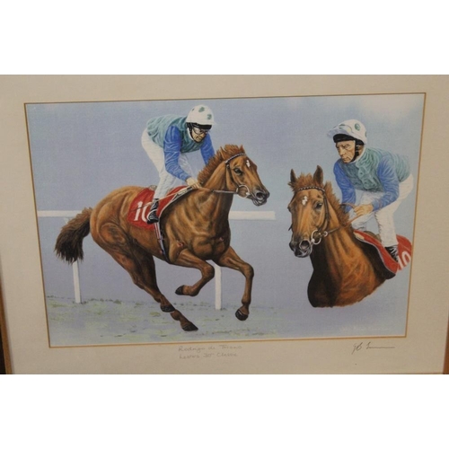 39 - THREE HORSE RACING GLAZED PRINTS TO INCLUDE A LESTER PIGGOTT EXAMPLE - SIGNED TO MOUNT