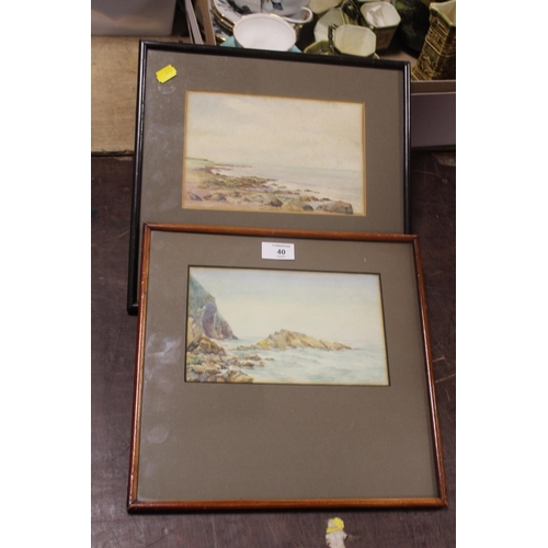 40 - TWO ANTIQUE FRAMED AND GLAZED WATERCOLOURS OF SEASCAPES TOGETHER WITH A GREEN FRAMED WALL MIRROR (3)