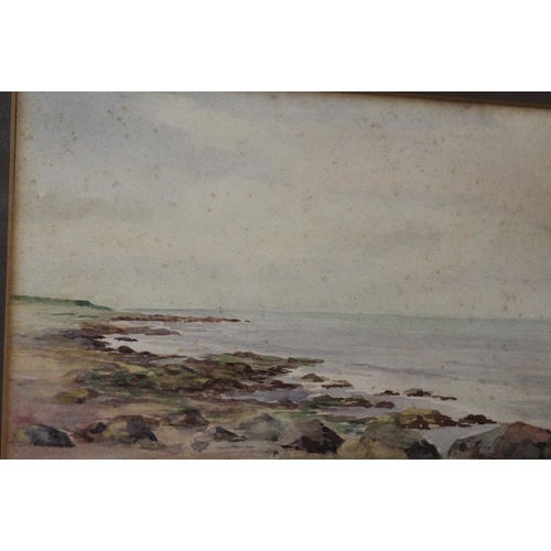 40 - TWO ANTIQUE FRAMED AND GLAZED WATERCOLOURS OF SEASCAPES TOGETHER WITH A GREEN FRAMED WALL MIRROR (3)