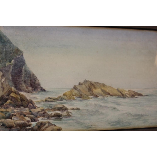 40 - TWO ANTIQUE FRAMED AND GLAZED WATERCOLOURS OF SEASCAPES TOGETHER WITH A GREEN FRAMED WALL MIRROR (3)