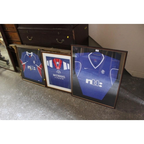 42 - THREE FRAMED AND GLAZED GLASGOW RANGERS FOOTBALL SHIRTS